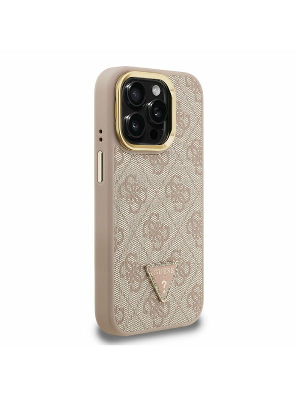 Guess Guess PU 4G Strass Triangle Logo Stand Camera Frame MagSafe Zadný Kryt pre iPhone 15 Pro Pink