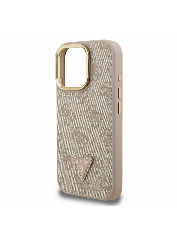 Guess Guess PU 4G Strass Triangle Logo Stand Camera Frame MagSafe Zadný Kryt pre iPhone 15 Pro Pink