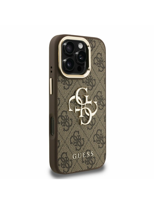 Guess Guess PU 4G Metal Logo Stand Camera Frame Zadný Kryt pre iPhone 16 Pro Max Brown
