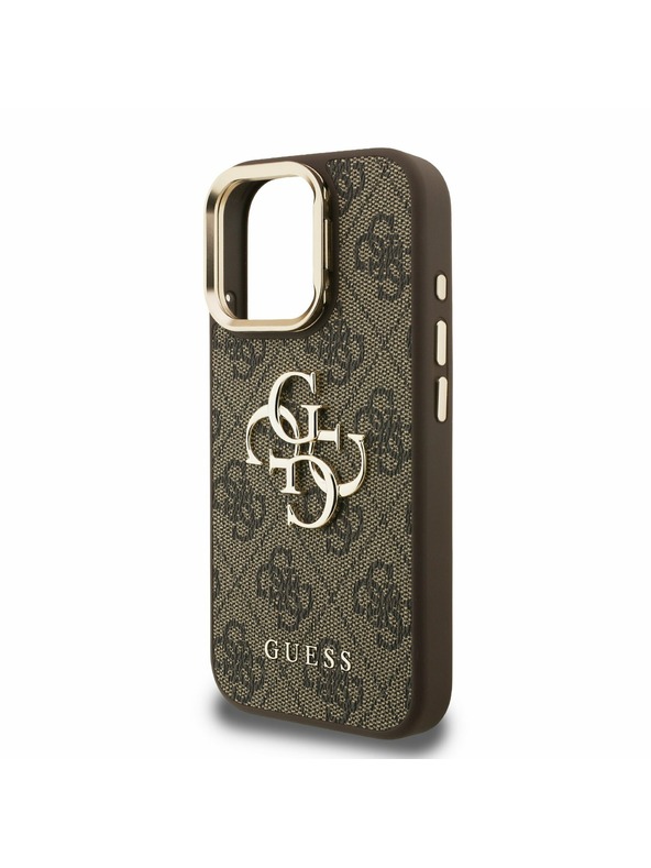 Guess Guess PU 4G Metal Logo Stand Camera Frame Zadný Kryt pre iPhone 16 Pro Brown