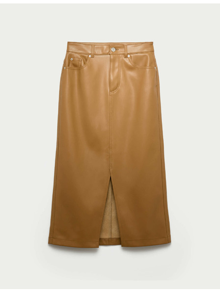 Marks & Spencer Koženková áčková midi sukňa s rozparkom vpredu Marks & Spencer hnedá