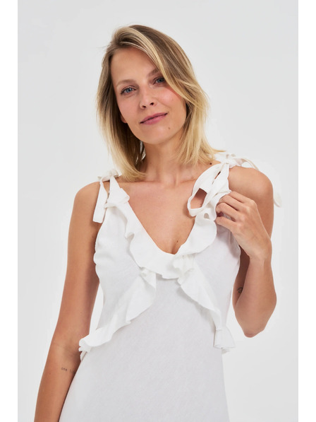 Moodo Biele midi šaty s volánikmi na výstrihu Moodo