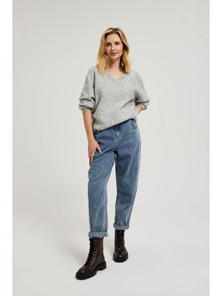 Moodo Hladký sveter so výstrihom do V a žebrovaním sivý Moodo