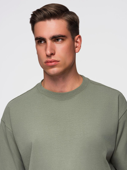 Ombre Clothing Pánske bavlnené tričko LOOSE FIT s okrúhlym výstrihom - khaki
