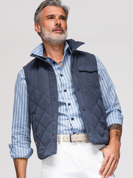 Ombre Clothing Pánska prešívaná bunda bez rukávov s broskyňovým efektom - tmavo modrá V2 OM-JAVJ-0277 Ombre Clothing