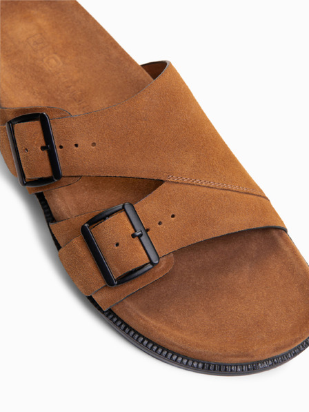 Ombre Clothing Pánske žabky z prírodného semiša s nastaviteľnými prackami - camel V3 OM-FOSF-0249 Ombre Clothing