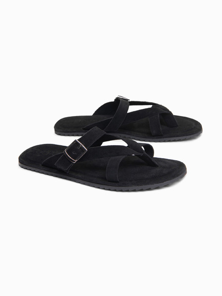 Ombre Clothing Pánske semišové žabky s dodatočnými stabilizačnými páskami - čierne V1 OM-FOSF-0253 Ombre Clothing