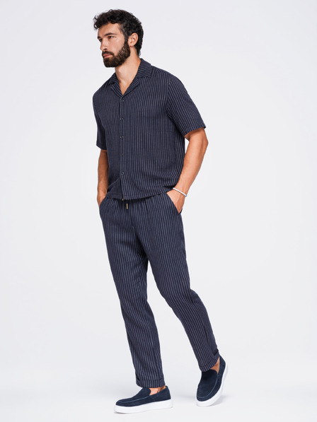 Ombre Clothing Pánske nohavice z viskózy a ľanu s prúžkami – tmavo modré V2 OM-PACP-0311 Ombre Clothing