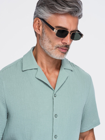 Ombre Clothing Pánska muselínová košeľa s kubánskym golierom – pastelovo zelená V3 OM-SHSS-0223 Ombre Clothing