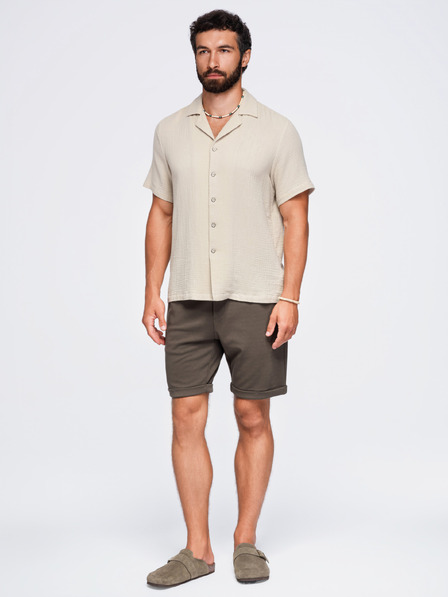 Ombre Clothing Pánska muselínová košeľa s kubánskym golierom – béžová V1 OM-SHSS-0223 Ombre Clothing