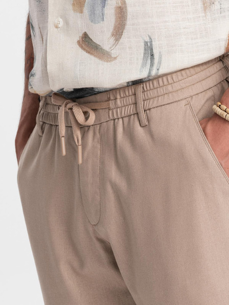 Ombre Clothing Pánske chino nohavice s ohrnutými nohavicami a prímesou ľanu – béžové V3 P1522 Ombre Clothing