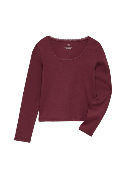 Marks & Spencer Top s čipkovým lemom a vysokým podielom bavlny (6–16 rokov) Marks & Spencer červená