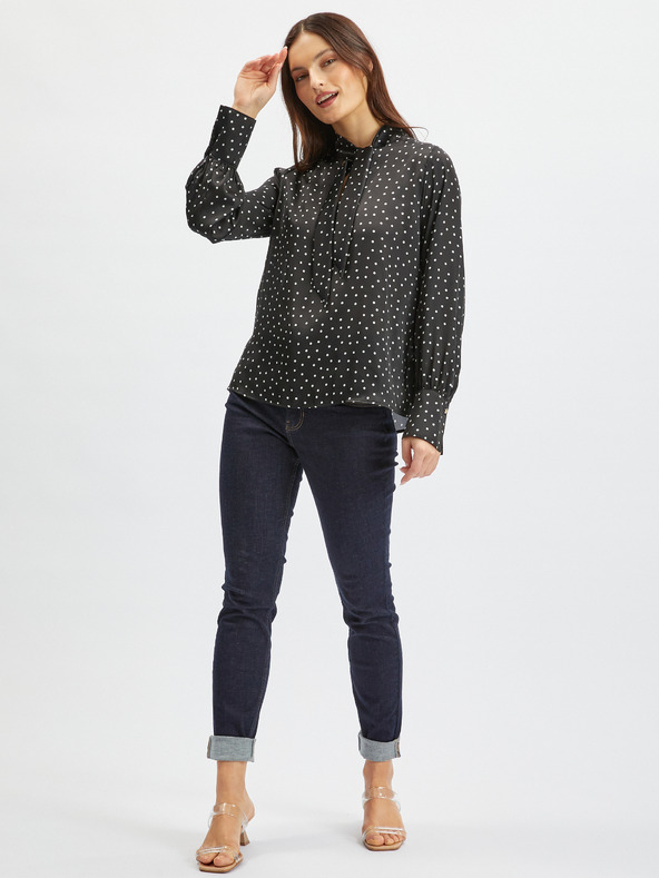 Orsay Čierna dámska saténová bodkovaná blúzka ORSAY