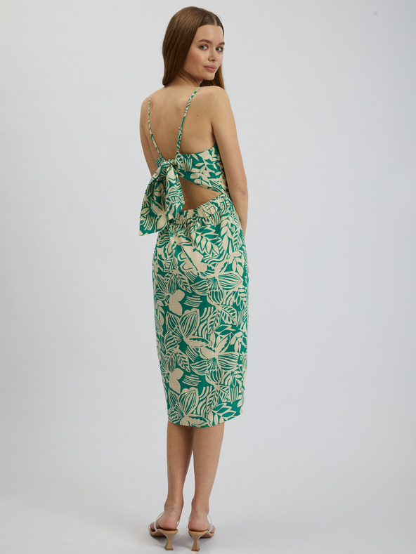 Orsay Krémovo-zelené dámske vzorované ľanové midišaty ORSAY