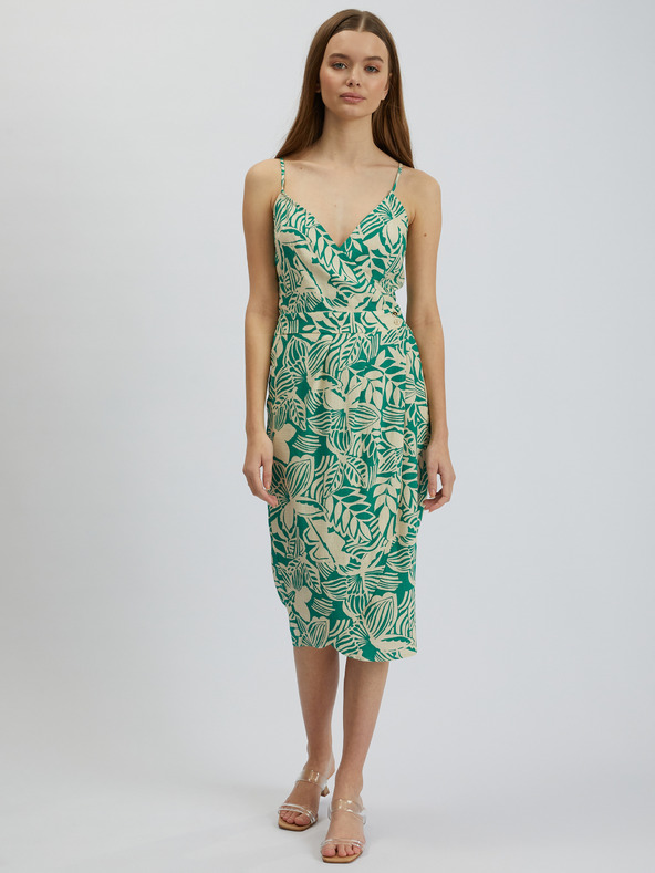 Orsay Krémovo-zelené dámske vzorované ľanové midišaty ORSAY