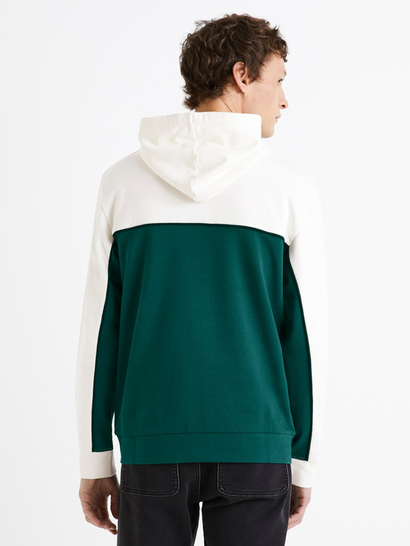 Celio Zeleno-biela pánska bavlnená mikina s kapucňou Celio Debiding
