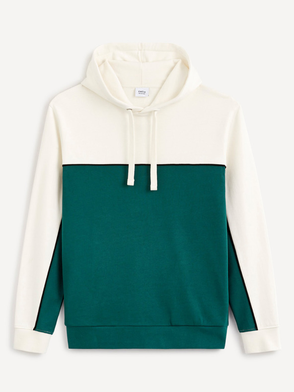 Celio Zeleno-biela pánska bavlnená mikina s kapucňou Celio Debiding