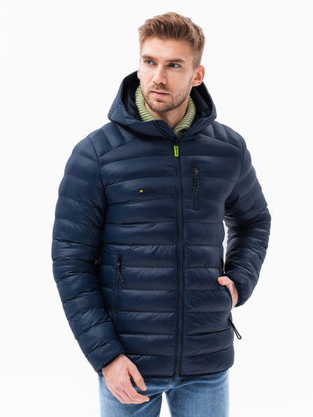 Ombre Clothing Pánska prešívaná bunda s kapucňou - tmavomodrá V3 C549