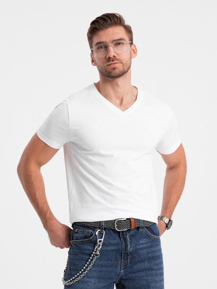 Ombre Clothing Biele pánske tričko s výstrihom do V Oblečenie Ombre