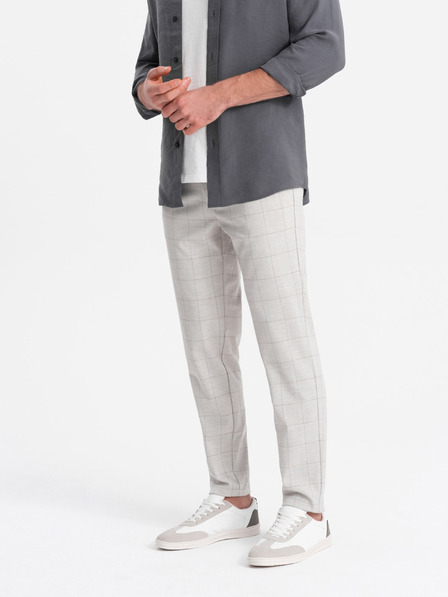 Ombre Clothing Svetlošedé pánske kockované nohavice Ombre Oblečenie