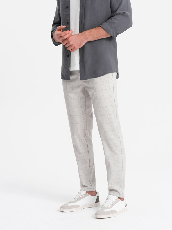 Ombre Clothing Svetlošedé pánske kockované nohavice Ombre Oblečenie