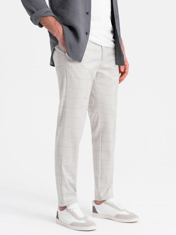 Ombre Clothing Svetlošedé pánske kockované nohavice Ombre Oblečenie