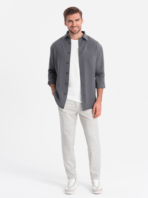 Ombre Clothing Svetlošedé pánske kockované nohavice Ombre Oblečenie