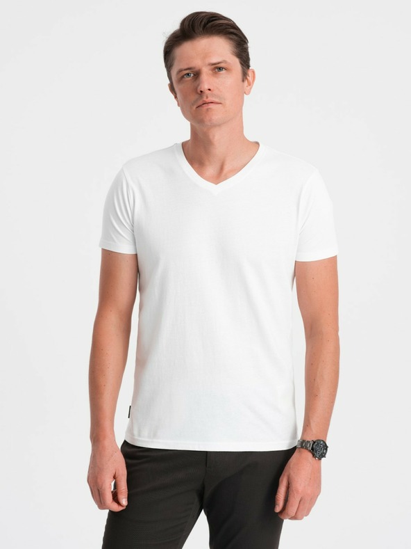 Ombre Clothing Biele pánske základné tričko s véčkovým výstrihom Ombre Clothing