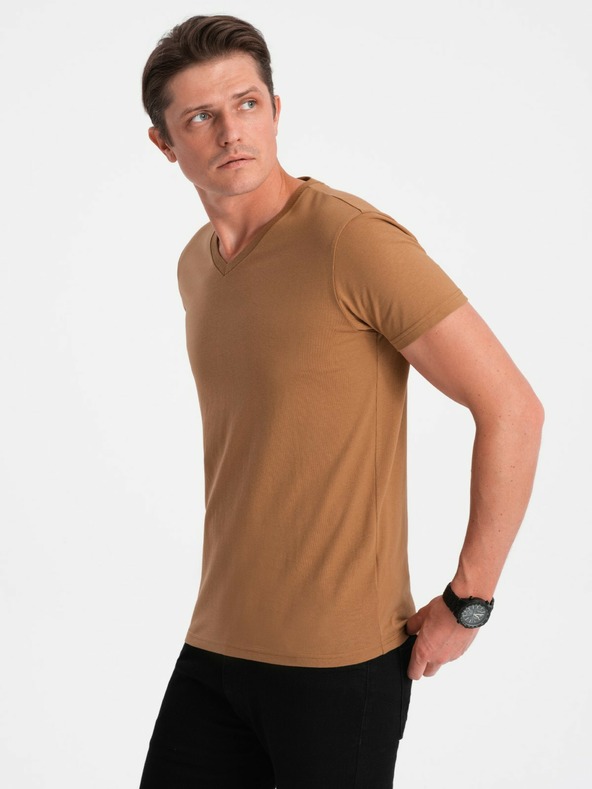 Ombre Clothing Hnedé pánske základné tričko s výstrihom do V Oblečenie Ombre