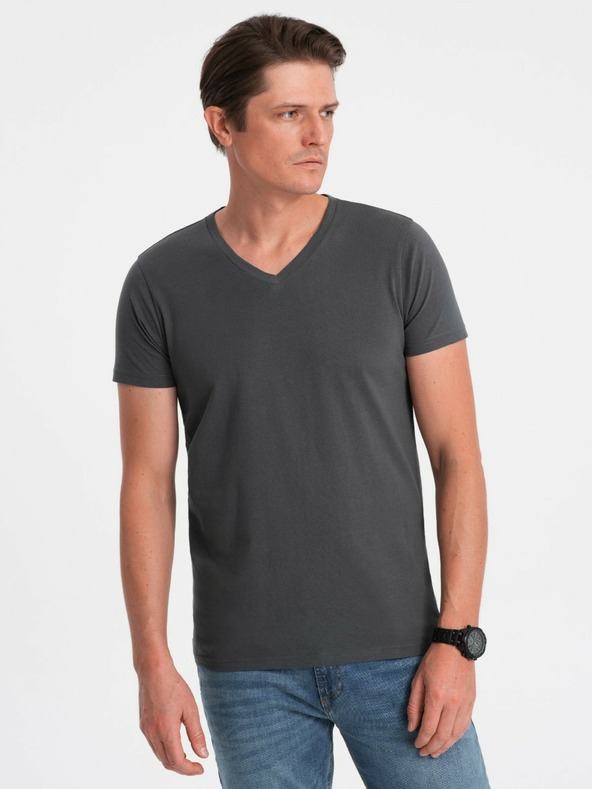 Ombre Clothing Tmavosivé pánske základné tričko s výstrihom do V Ombre Clothing