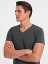 Ombre Clothing Tmavosivé pánske základné tričko s výstrihom do V Ombre Clothing