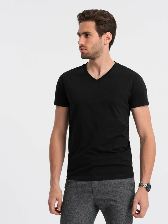 Ombre Clothing Čierne pánske tričko s výstrihom do V Ombre Clothing