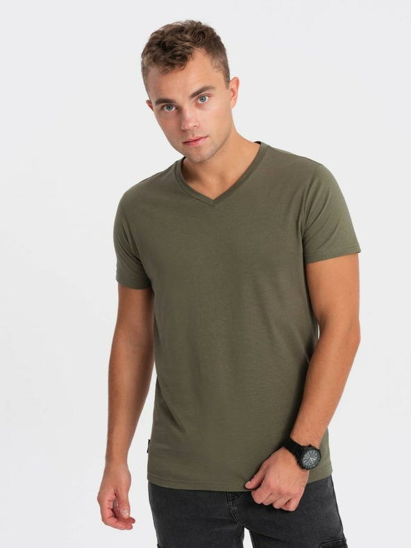 Ombre Clothing Khaki pánske základné tričko s výstrihom do V Ombre Clothing