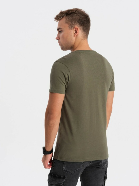 Ombre Clothing Khaki pánske základné tričko s výstrihom do V Ombre Clothing