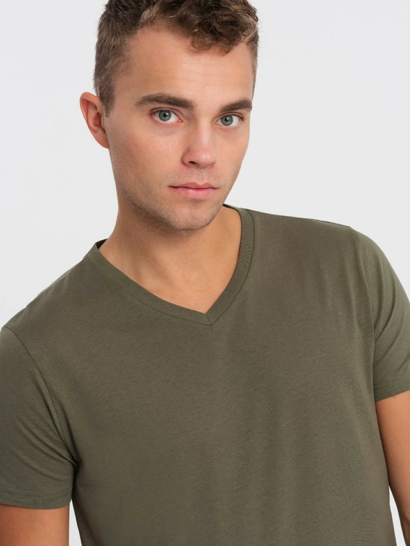 Ombre Clothing Khaki pánske základné tričko s výstrihom do V Ombre Clothing