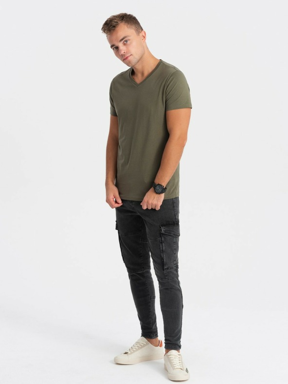 Ombre Clothing Khaki pánske základné tričko s výstrihom do V Ombre Clothing