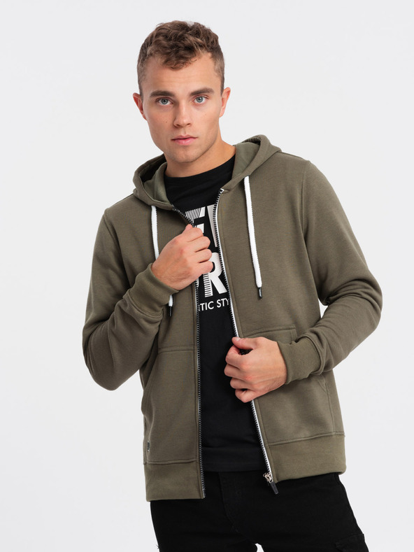 Ombre Clothing Khaki pánska mikina na zips s kapucňou Ombre Clothing