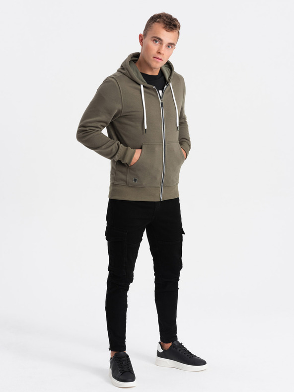 Ombre Clothing Khaki pánska mikina na zips s kapucňou Ombre Clothing