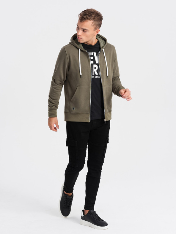 Ombre Clothing Khaki pánska mikina na zips s kapucňou Ombre Clothing