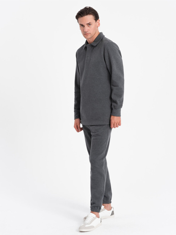 Ombre Clothing Tmavošedá pánska mikina s golierom polo + nohavice Ombre Oblečenie