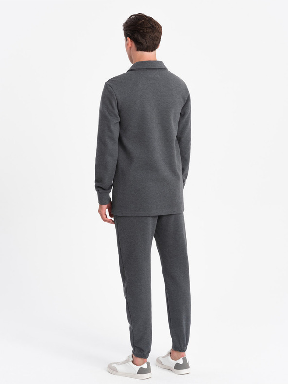 Ombre Clothing Tmavošedá pánska mikina s golierom polo + nohavice Ombre Oblečenie