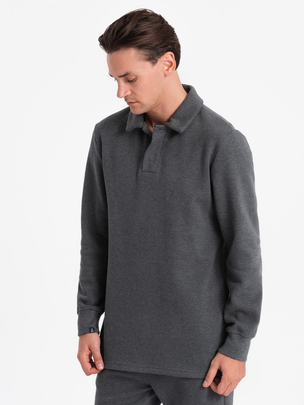 Ombre Clothing Tmavošedá pánska mikina s golierom polo + nohavice Ombre Oblečenie