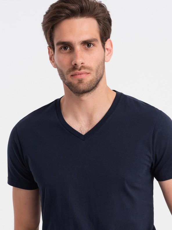 Ombre Clothing Tmavomodré pánske základné tričko s výstrihom do V Ombre Clothing