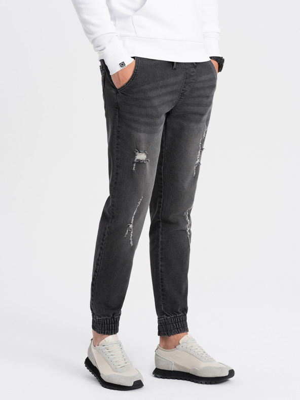 Ombre Clothing Tmavosivé pánske roztrhané džínsy Ombre Clothing