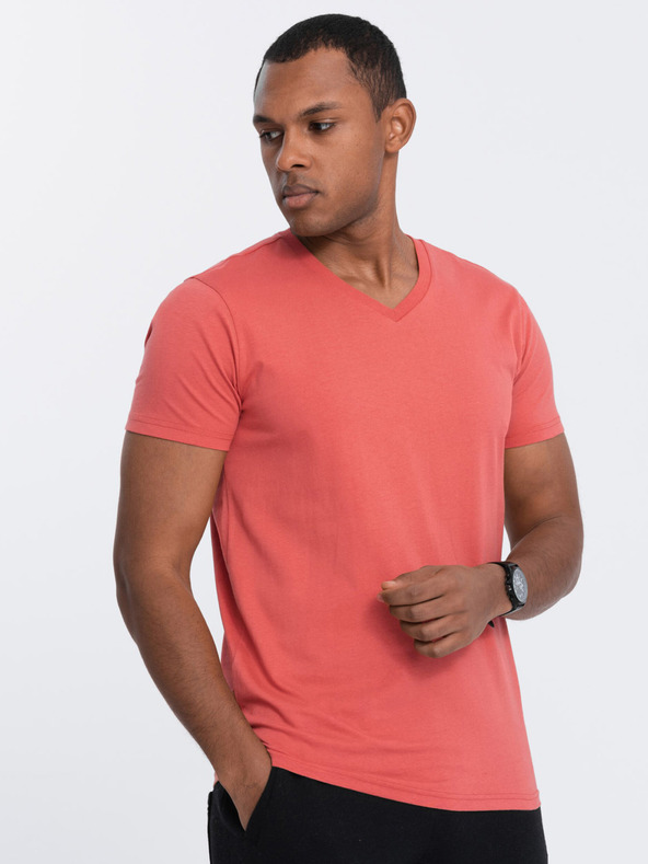 Ombre Clothing Koralové pánske základné tričko s výstrihom do V Ombre Clothing
