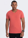 Ombre Clothing Koralové pánske základné tričko s výstrihom do V Ombre Clothing