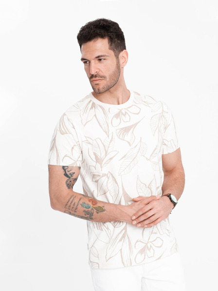 Ombre Clothing Béžovo-krémové pánske vzorované tričko Ombre Oblečenie