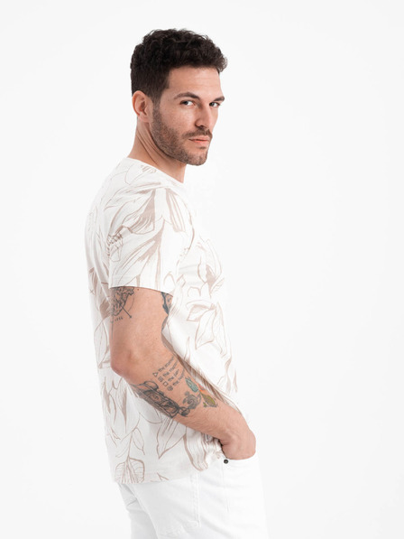 Ombre Clothing Béžovo-krémové pánske vzorované tričko Ombre Oblečenie