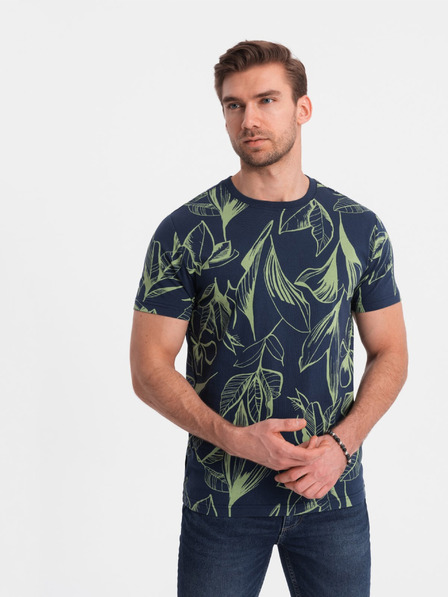 Ombre Clothing Zeleno-modré pánske vzorované tričko Ombre Oblečenie