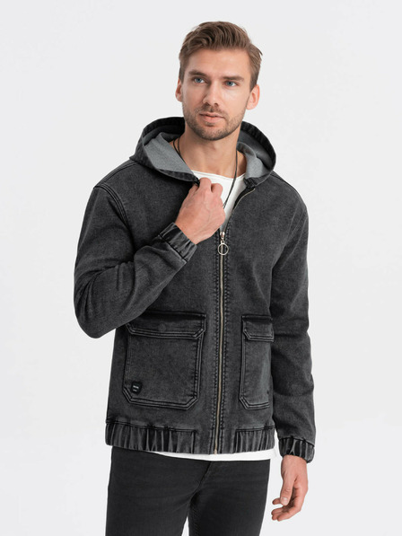 Ombre Clothing Čierna pánska džínsová bunda s kapucňou Ombre Clothing
